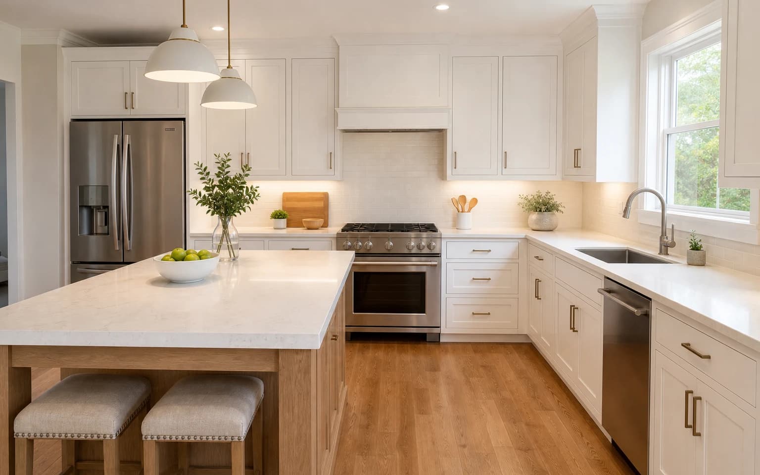Sample kitchen after cleaning with clear counters and polished surfaces