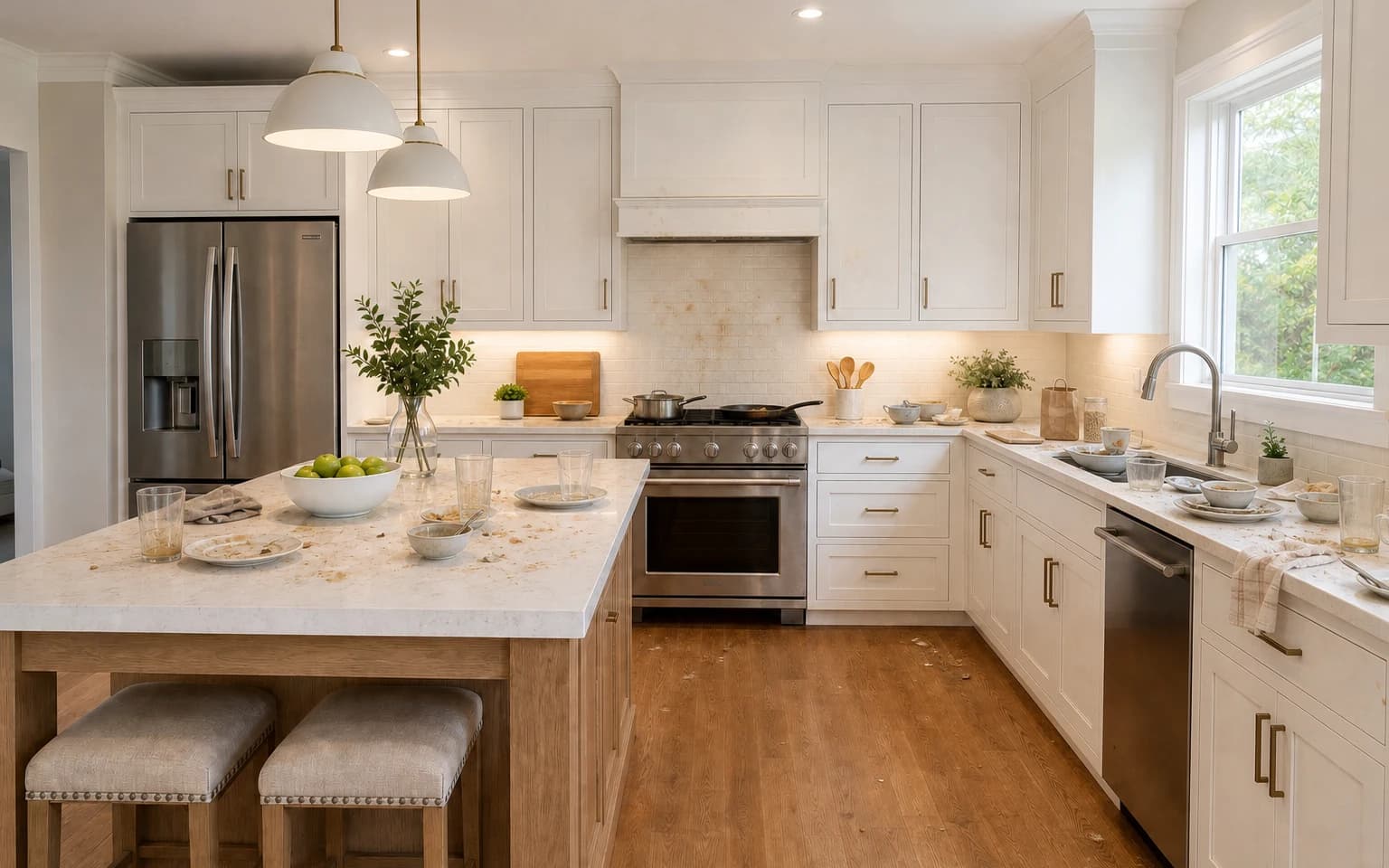 Sample kitchen before cleaning with crumbs and dishes on counters