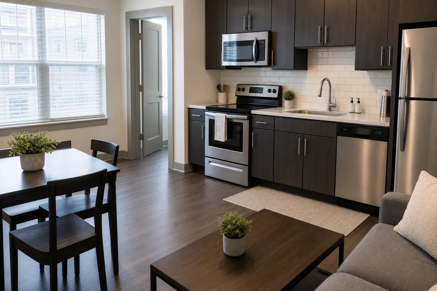 Clean apartment kitchen in Dallas after housekeeping visit