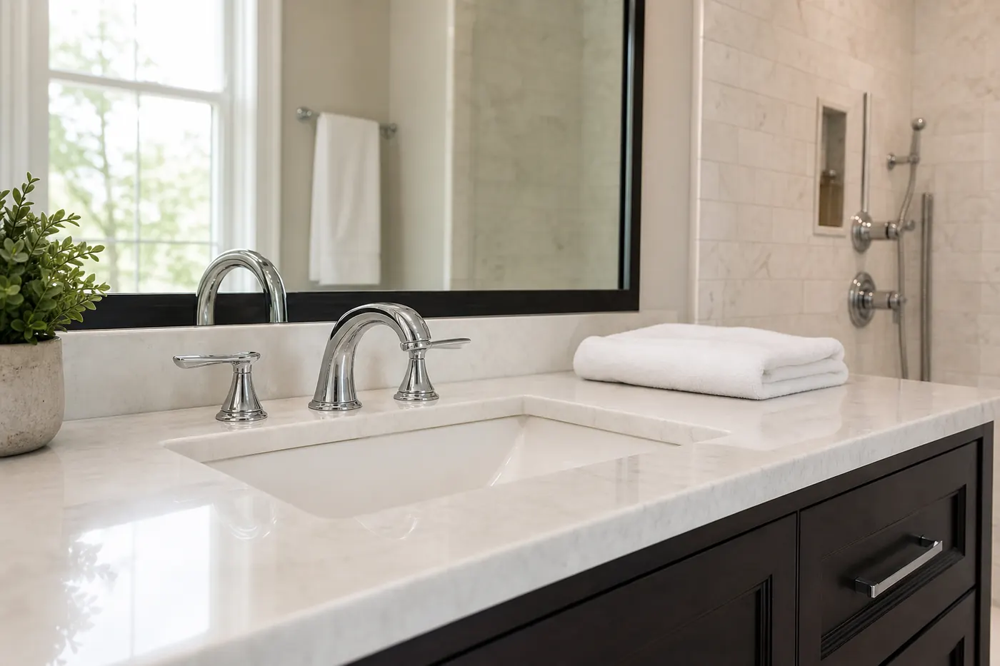 Deep cleaned bathroom sink and mirror in a Dallas home